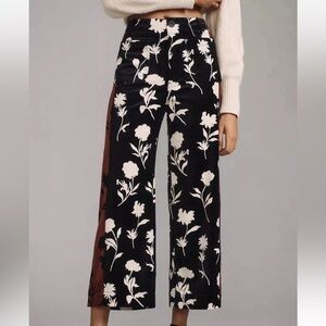 Floral Wide-Leg Cropped Pants - Black & Cream